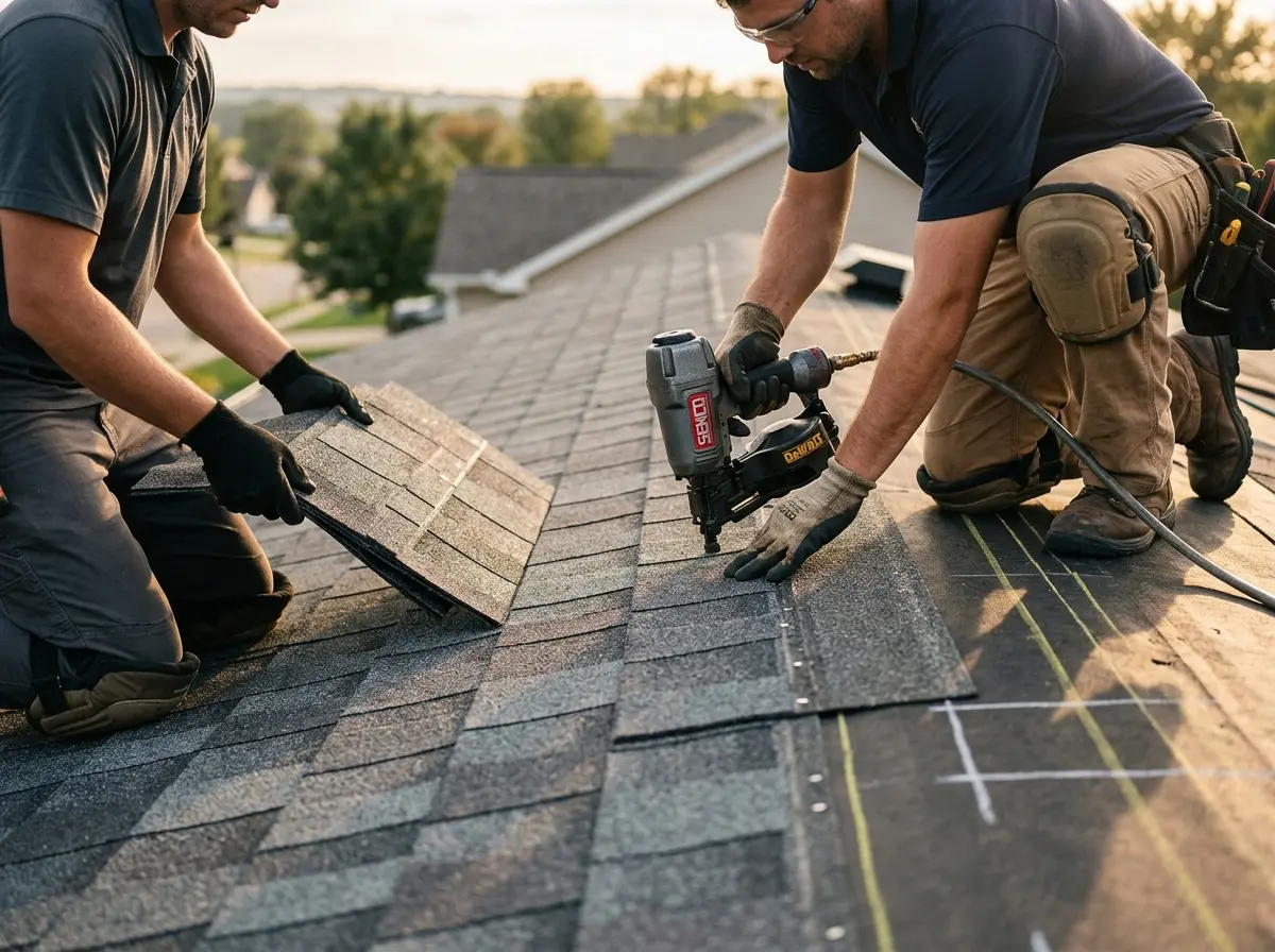 Professional roofer working on a residential roof in Worth